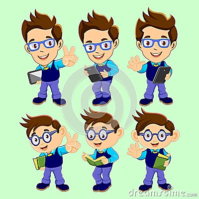 Geek student holding tablet and book Vector Illustration