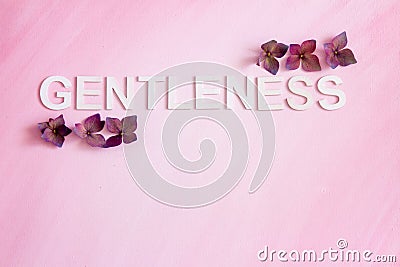 The word, GENTLENESS, spelled in capital letters written horizontally with hydrangea flowers Stock Photo