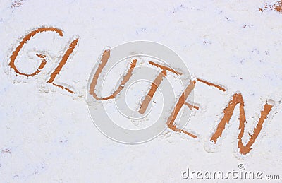 Word gluten written in flour Stock Photo