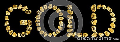 Word GOLD made of golden stones on black background isolated close up, letters made of shiny gold nuggets, yellow metal rocks Stock Photo