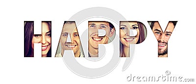 Word happy made of cheerful smiling young faces Stock Photo