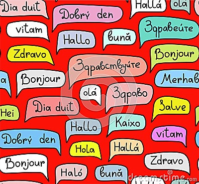 Hello, European languages, seamless pattern, contour drawing, color, red, vector. Vector Illustration
