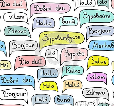 Hello, European languages, seamless pattern, contour drawing, color, white, vector. Vector Illustration