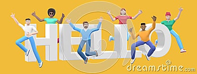The word hello on a yellow background. Group of young multicultural happy people jump and dance together. Horizontal banner Stock Photo