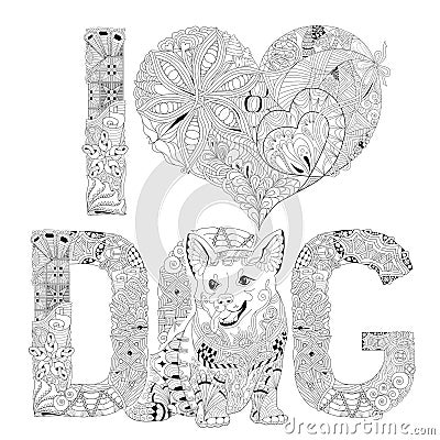 Word I LOVE DOG for coloring. Vector decorative zentangle object Vector Illustration