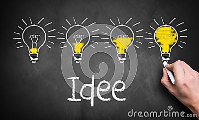Word `Idea` in German and a hand using piece of chalk to complete chalk drawing of four light bulbs slowly filling with light Stock Photo