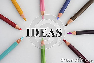 Word Ideas and colorful pencils Stock Photo