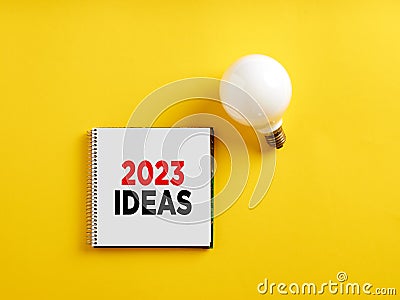 The word 2023 ideas on notepad with a light bulb. New business year creative, innovative, successful ideas and goals concept Stock Photo