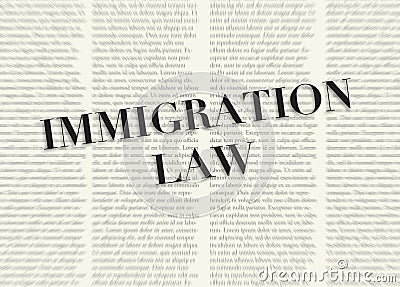 The word IMMIGRATION LAW written and highlighted in front of blurred text columns on background of light yellow color Stock Photo