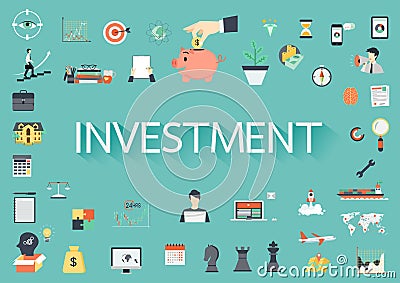 The word INVESTMENT surrounding by concerning flat icons Vector Illustration