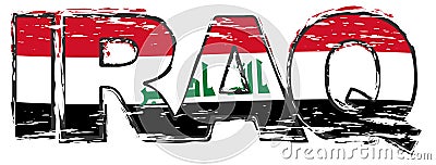 Word IRAQ with Iraqi national flag under it, distressed grunge look Vector Illustration