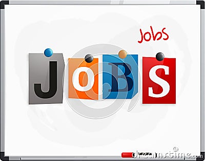 The word Jobs made from newspaper letters attached to a whiteboard or noticeboard with magnets. Marker pen. Vector. Vector Illustration