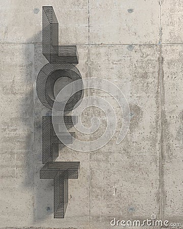 The word `LOFT` made of voluminous convex letters covered with metal mesh. Vertical inscription on a concrete wall with copy space Stock Photo