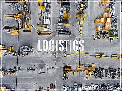 Word Logistics. Industrial storage place, view from above. Stock Photo