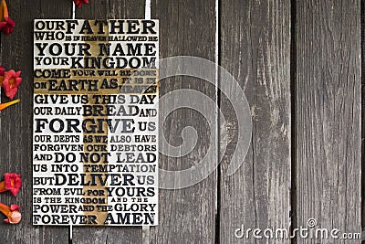 Word of the Lord`s Prayer on the old weathered wooden plank w Stock Photo