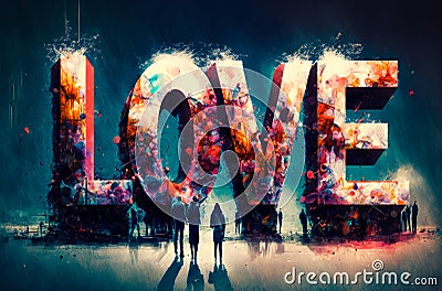 The word Love with colorful drawing on it with people in the foreground looking at it. Created with Generative AI Stock Photo