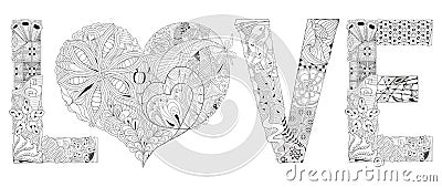 Word love with heart for coloring. Vector decorative zentangle object Vector Illustration