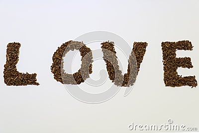 The word LOVE made from cumin in a white background Stock Photo