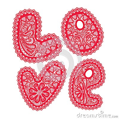 Word LOVE is made of red pattern of openwork lace Vector Illustration