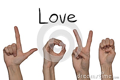 A word of love shown by hands on an alphabet for the deaf mute o Stock Photo