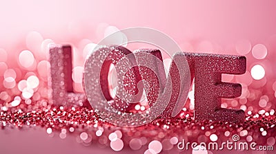 The word love is spelled with glitter on a pink background Stock Photo