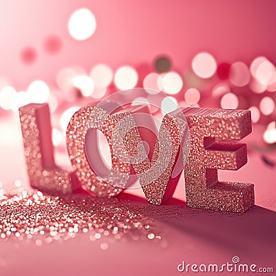 The word love is spelled with glitter on a pink background Stock Photo