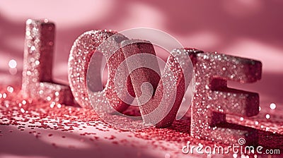 The word love is spelled with glitter on a pink background Stock Photo