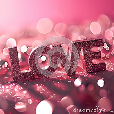 The word love is spelled with glitter on a pink background Stock Photo