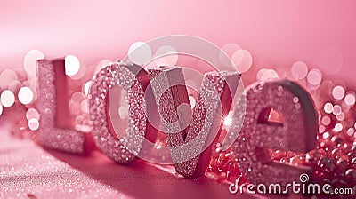 The word love is spelled with glitter on a pink background Stock Photo