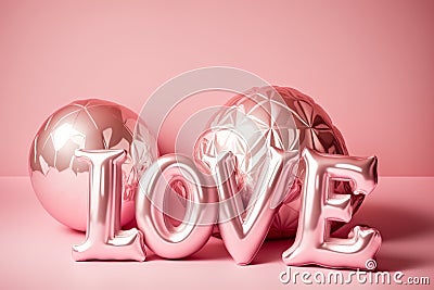 The word love spelled out of balloons in front of pink background. Generative AI Stock Photo
