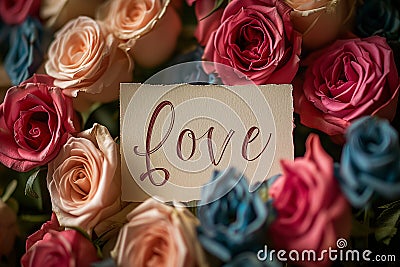 the word love spelled with wooden letters surrounded by red roses on a green background with leaves and flowers around it Stock Photo