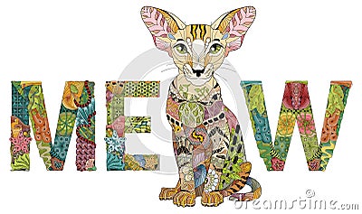 Word MEOW with a drawing of a cat. Vector zentangle object for decoration Vector Illustration