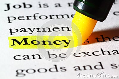 Word money highlighted with a yellow marker Stock Photo