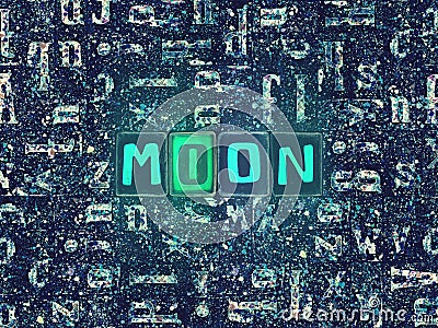 The word Moon as neon glowing unique typeset symbols, luminous letters moon Stock Photo