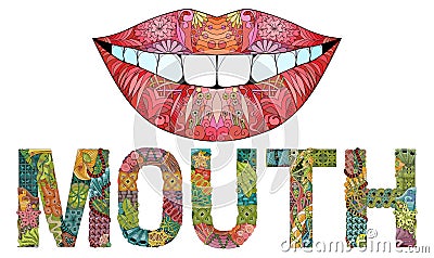 Word MOUTH with silhouette of lips. Vector decorative zentangle object. Vector Illustration