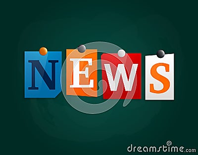 The word News made from newspaper letters attached to a blackboard or noticeboard with magnets. Vector. Vector Illustration