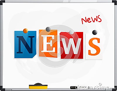 The word News made from newspaper letters attached to a whiteboard or noticeboard with magnets. Marker pen. Vector. Vector Illustration