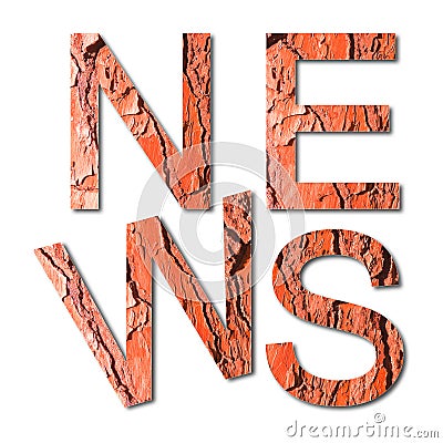 The word `news` written with letters in shape of red pine bark - Useful for natural themes Stock Photo