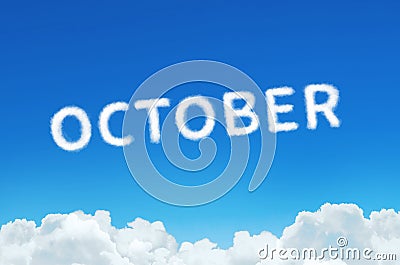 Word October made of clouds steam on blue sky background. Month planning, timetable concept. Stock Photo