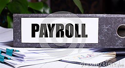 The word PAYROLL is written on a gray file folder next to documents. Business concept Stock Photo