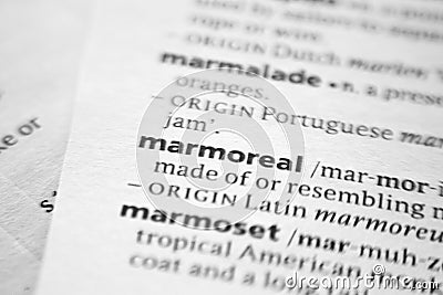 Word or phrase Marmoreal in a dictionary. Stock Photo
