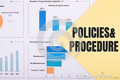 The word POLICIES & PROCEDURE is written on a yellow background with charts and graphs Stock Photo