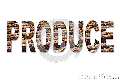 The word produce with an image of potato plants growing in a field Stock Photo