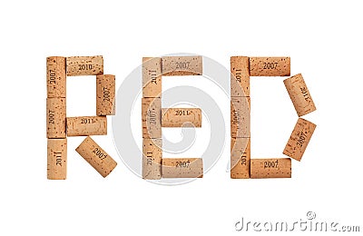 Word red shaped by wine corks isolated on white Stock Photo