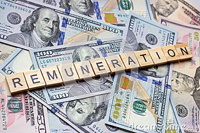 The word remuneration on dollar usa background. Reward, payment and gratification concept. Stock Photo