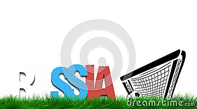 Word russia and soccer ball in the gate on the grass. Vector Illustration