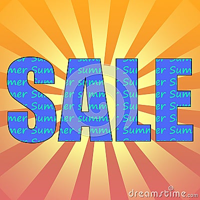 The word SALE in capitals with Summer being repeated in small font throughout each letter, on a yellow and orange sun background. Stock Photo