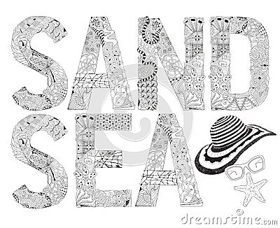 Word SAND and SEA for coloring. Vector decorative zentangle object Vector Illustration