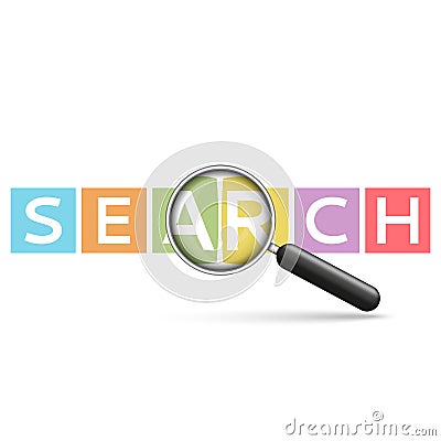 Word search emblem on multi-colored cubes with realistic magnifier seo technology conceptual vector illustration Vector Illustration