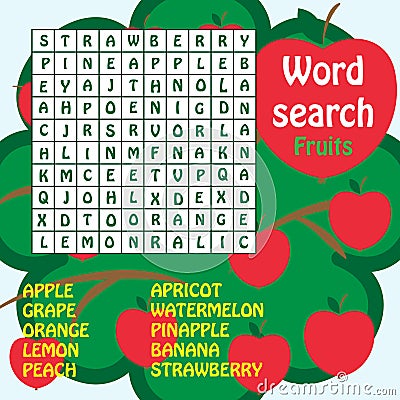 Word search game. fruits Vector Illustration